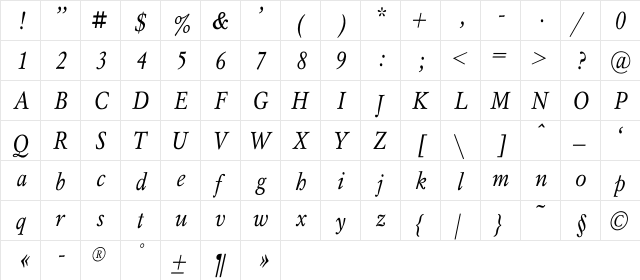 MyslNarrowC Italic  glyph index