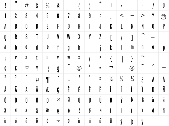 Grotesque MT Std Extra Condensed  glyph index