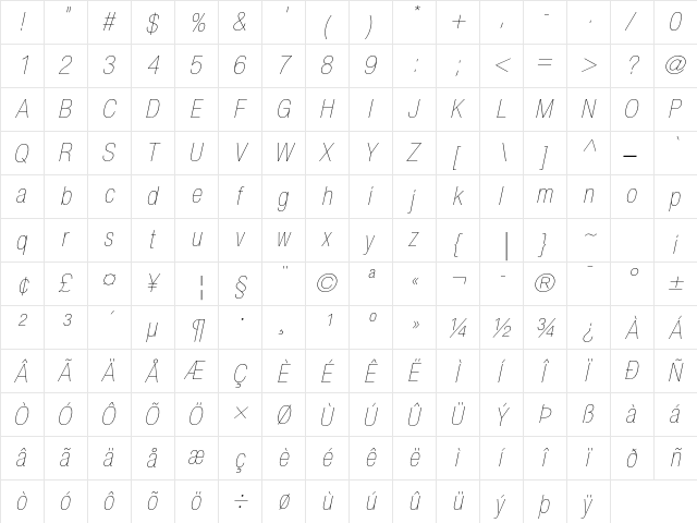 Helvetica Neue LT Std 27 Ultra Light Condensed Oblique  glyph index