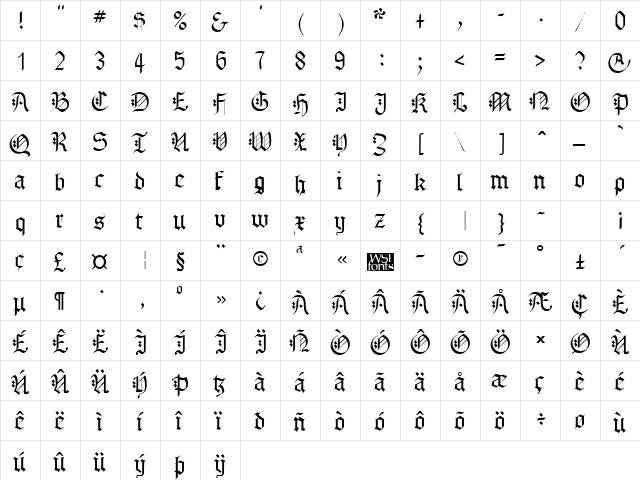 Gothenburg Regular  glyph index