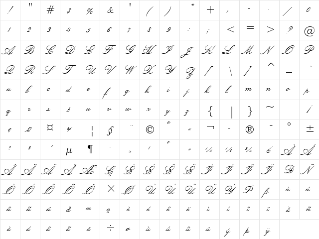Lucia Regular  glyph index