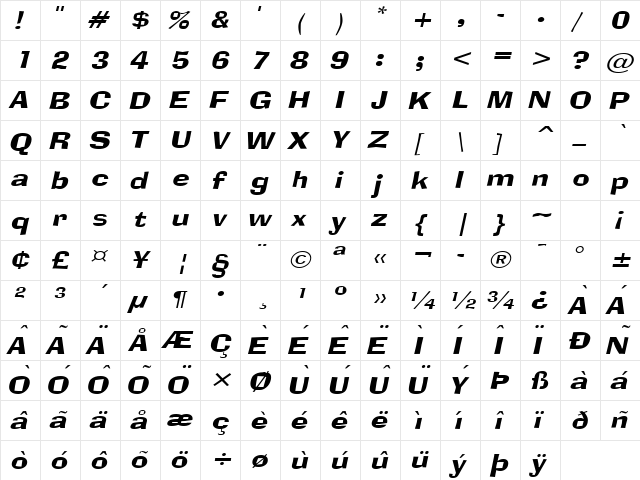 Alor Narrow Wide Italic  glyph index