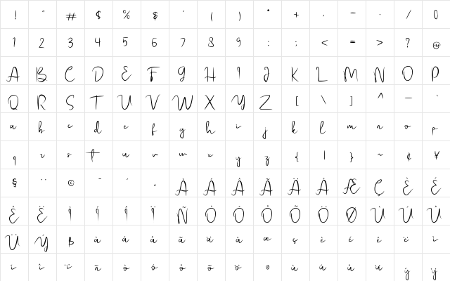 Esmeralda Regular  glyph index