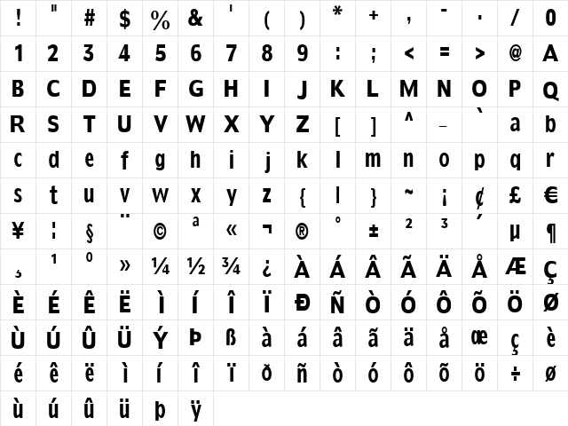KleinsSansCondBold Regular  glyph index