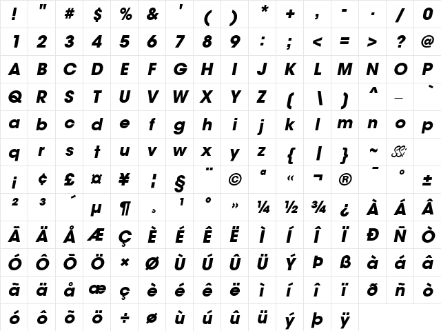 Trendex Black SSi Bold Italic  glyph index