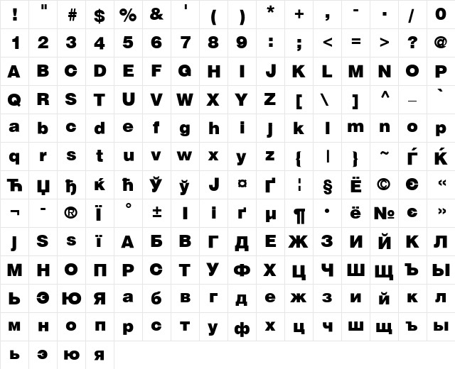 HeliosBlack Regular  glyph index