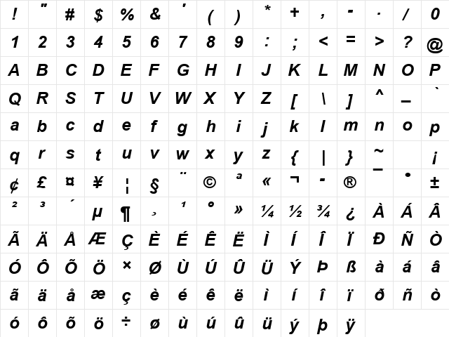 Communication39 Bold Italic  glyph index