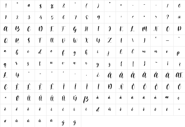 lovemy Regular  glyph index