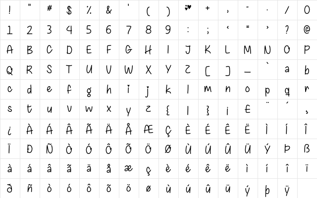 Chasing Hearts Regular  glyph index