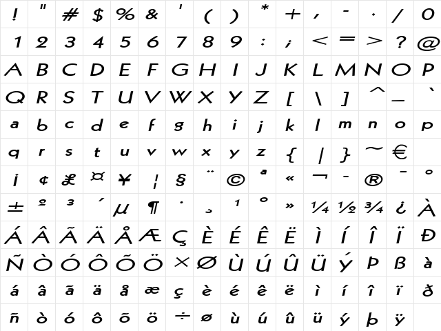 Geo112Extended BoldItalic  glyph index