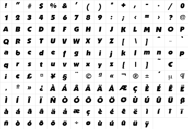 Koblenz-HeavyIta Regular  glyph index