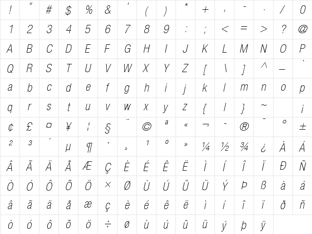 Helvetica Neue LT Com 37 Thin Condensed Oblique  glyph index