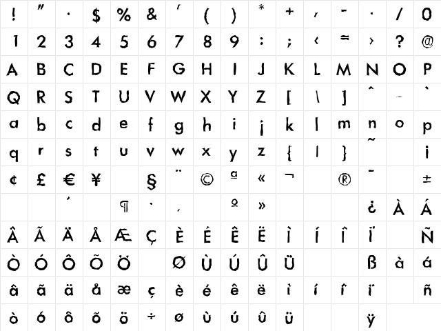 LimerickRandom-Medium Regular  glyph index