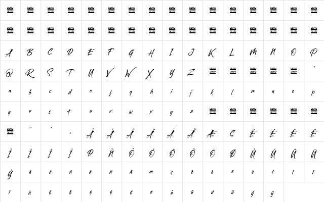 Sandbrush Demo Regular  glyph index