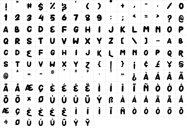 Bolobolo Regular  glyph index