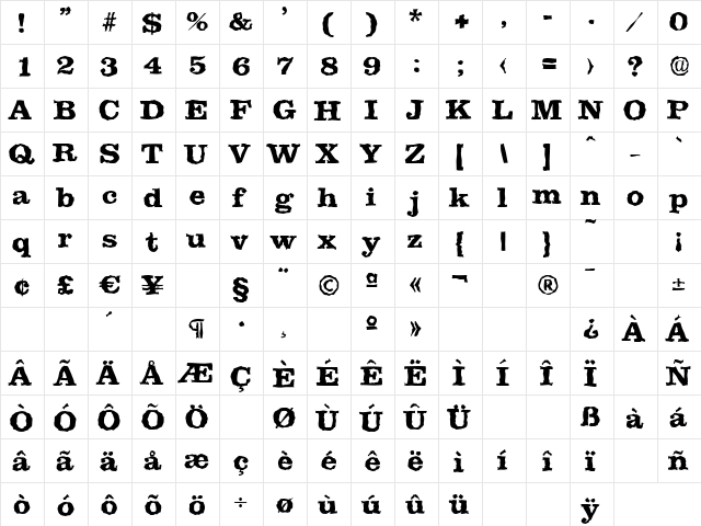 ClareRandom-Xbold Regular  glyph index