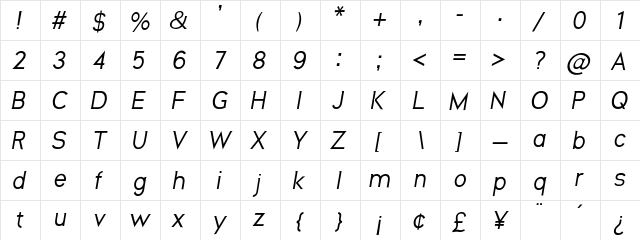 Neos Oblique Regular  glyph index