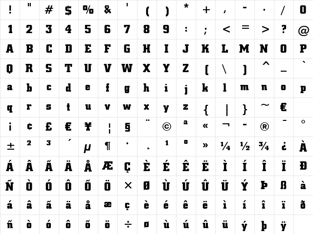 SquareSlab711 Bd BT Bold  glyph index