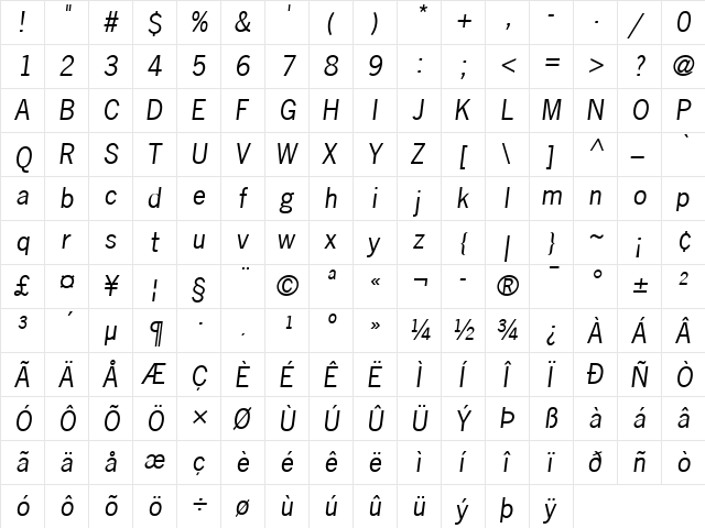 NewsGothic LT Italic  glyph index