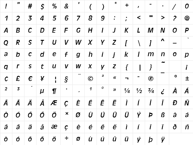 Antigone Italic  glyph index