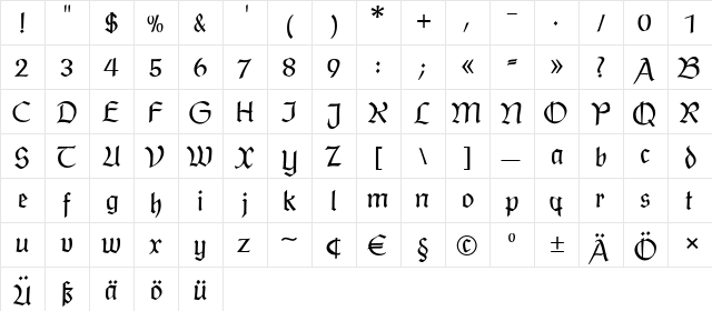 PostmoderneFraktur Regular  glyph index