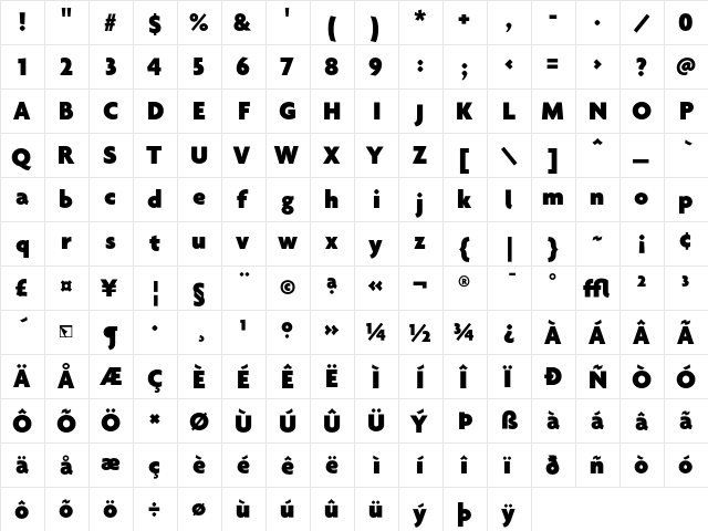 Agenda Black  glyph index