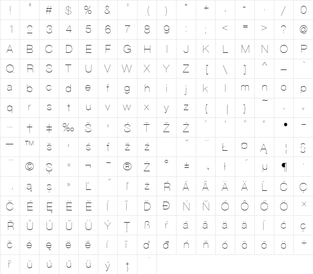 NimbuSanDEEUltLig Regular  glyph index