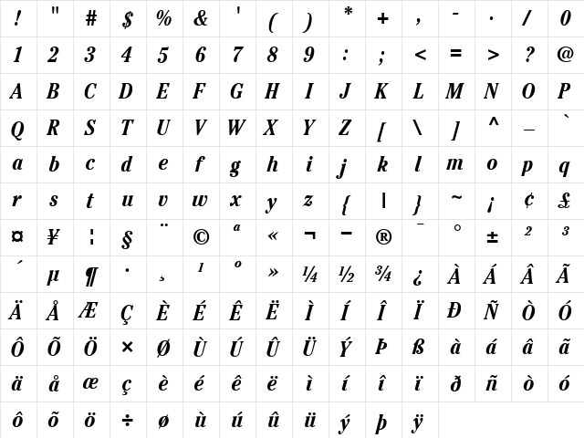 ITCCheltenham-Condensed BoldItalic  glyph index