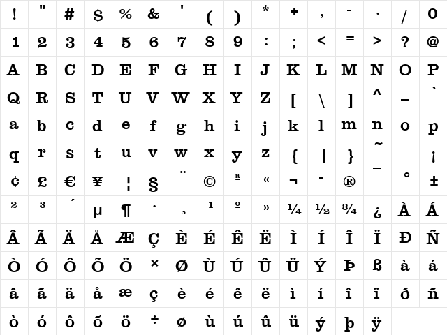 Clare-Medium Regular  glyph index
