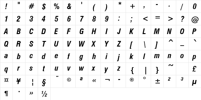 Swis721Greek Cn BT Bold Inclined  glyph index