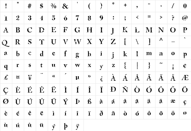 LD Bostonian Regular  glyph index