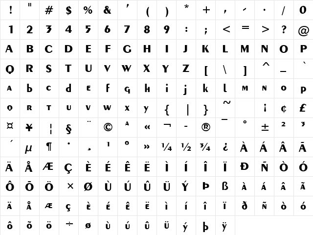 Penwin Bold  glyph index