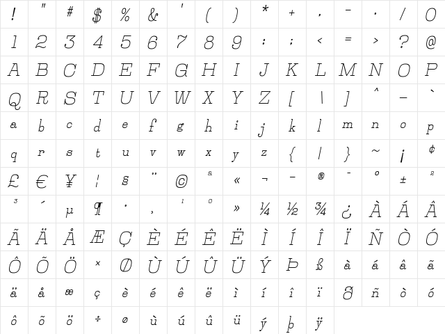 Jillsville Bold Italic  glyph index