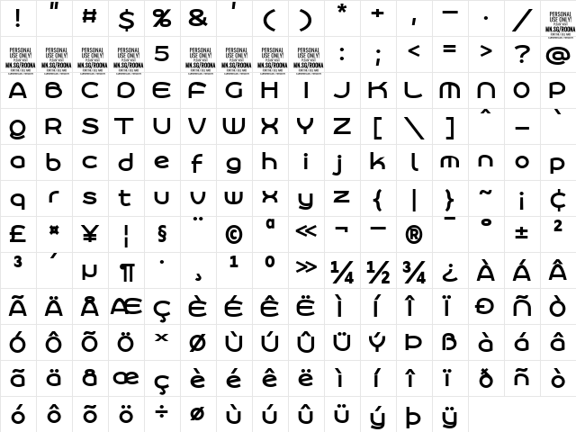 Roona Sans Bold PERSONAL Regular  glyph index