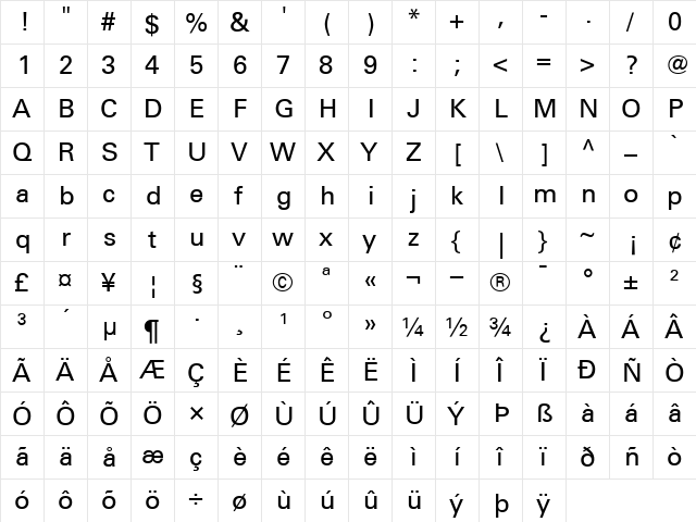 Univers55Roman Roman  glyph index