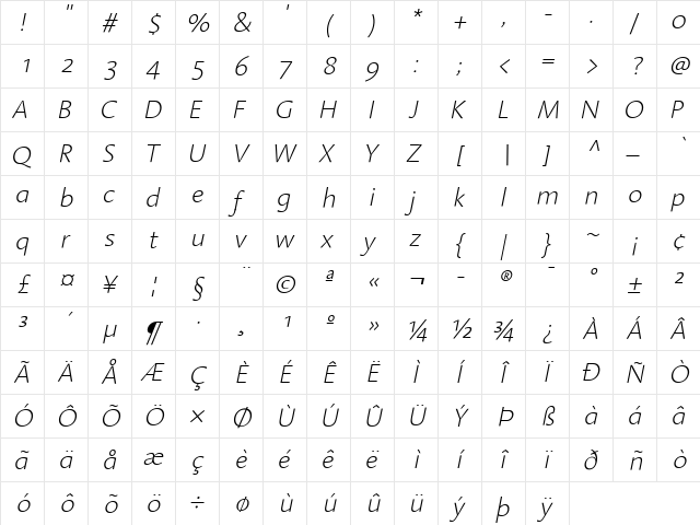 LinotypeAroma ExtraLight ExtraLight Italic  glyph index