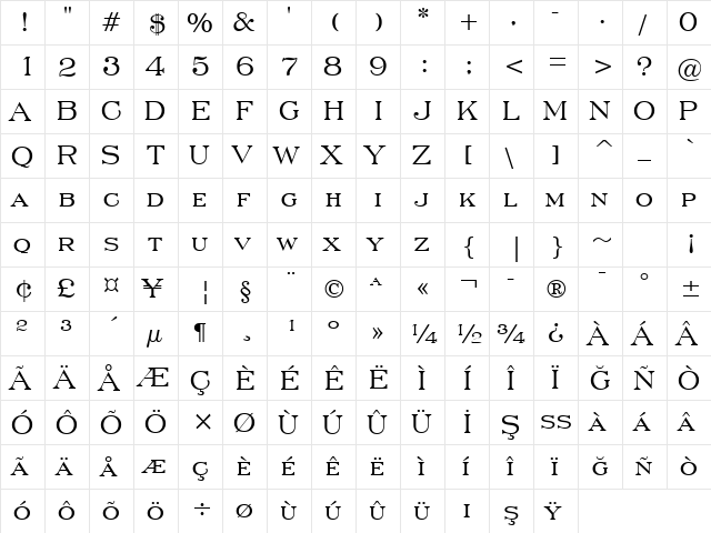 EngravrsRoman BT Regular  glyph index