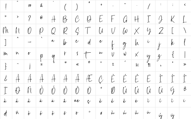 Sunstrike Regular  glyph index