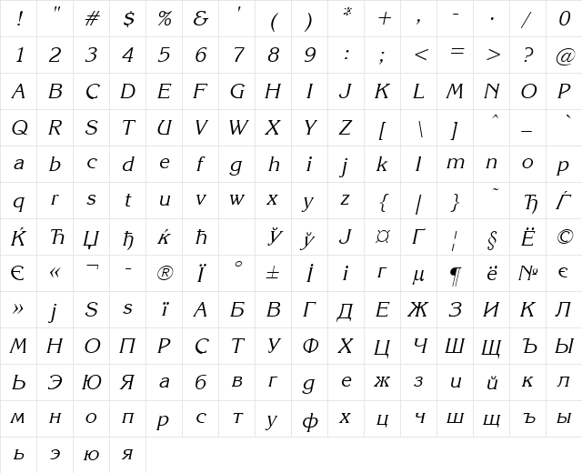KarinaC Italic  glyph index