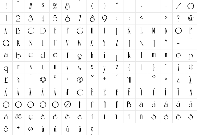 Romantique Regular  glyph index