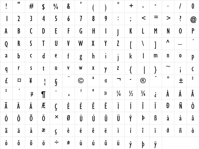 Gill Sans Condensed  glyph index