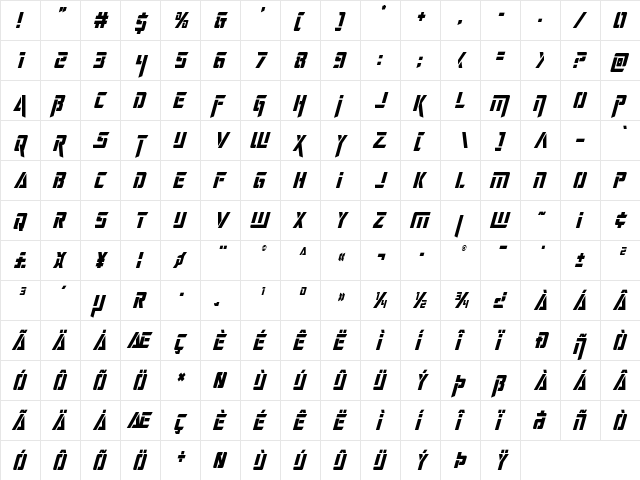 Deceptibots Condensed Italic Condensed Italic  glyph index