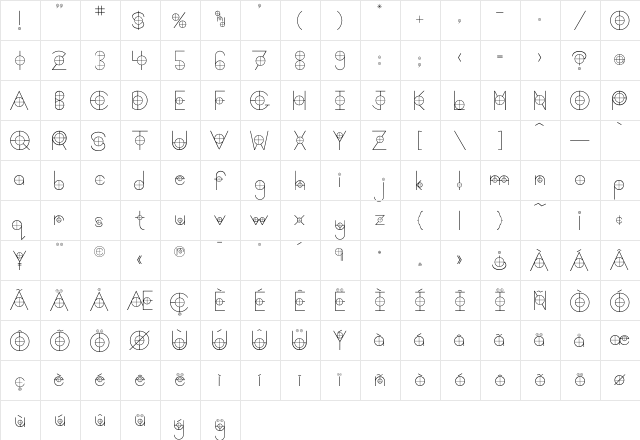 Crosshair Regular  glyph index