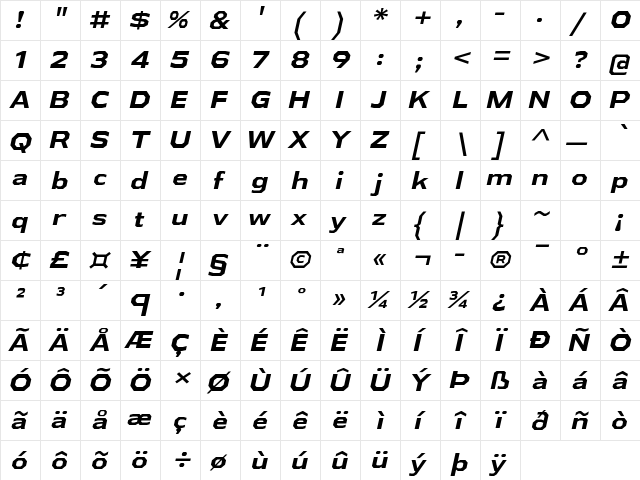 Athabasca Expanded Bold Italic  glyph index