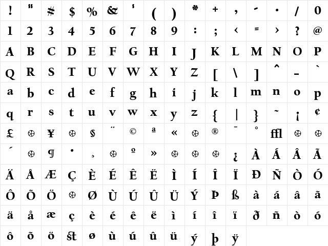 CalifornianText Bold  glyph index