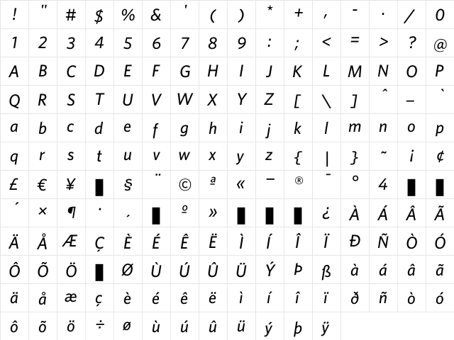Whitney MediumItalic  glyph index