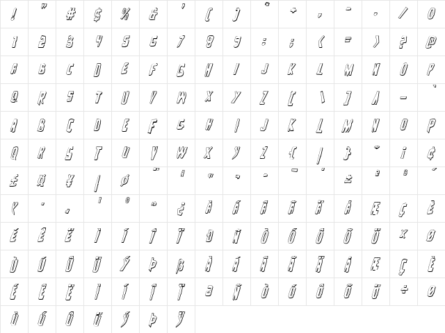 Zakenstein 3D Italic Italic  glyph index