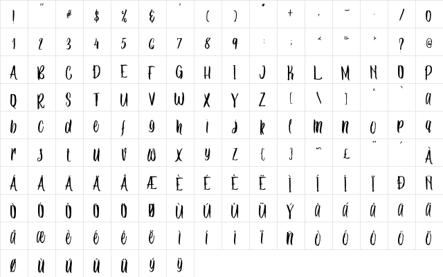 Ballada duo Regular  glyph index