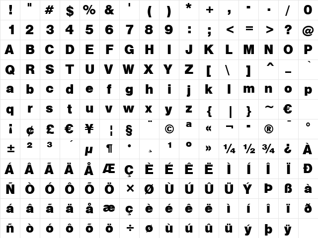 Swis721 Blk2 BT Black  glyph index