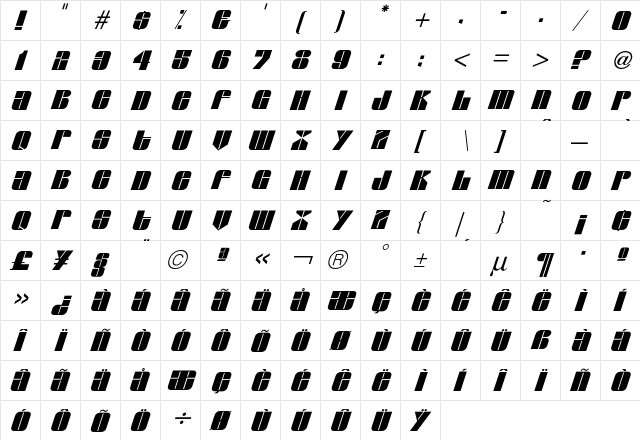 Glyphic SeriesItalic  glyph index